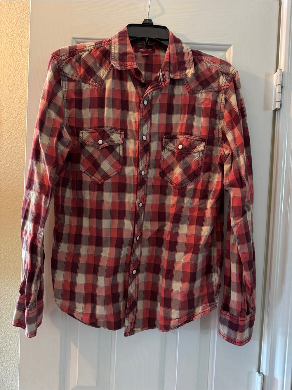 Arizona Jean Company Red and Cream Plaid Button-Down Shirt